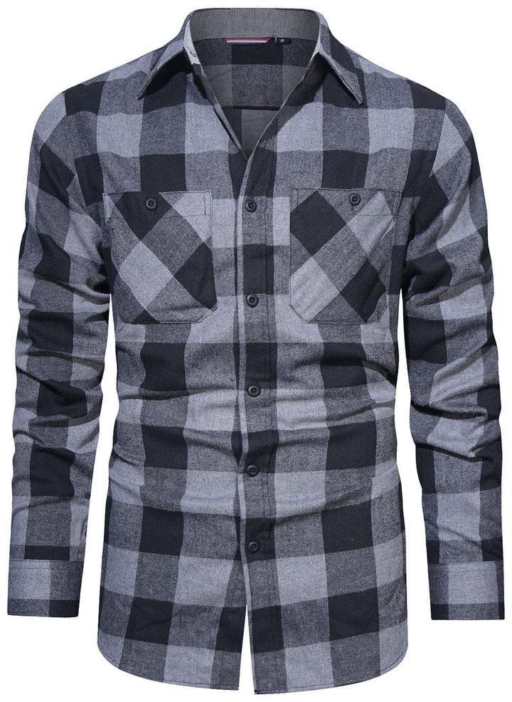 Stylish men's flannel top, blue and green plaid design, great for layering in fall/winter