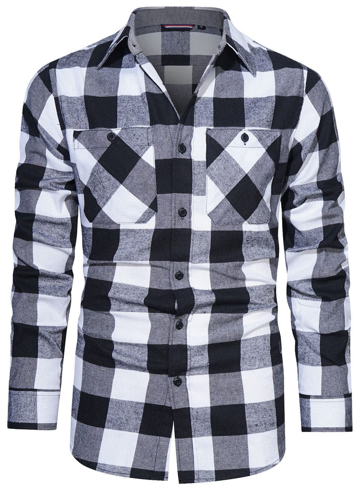 Detail of the fabric on a men's classic plaid flannel shirt, soft and durable cotton blend