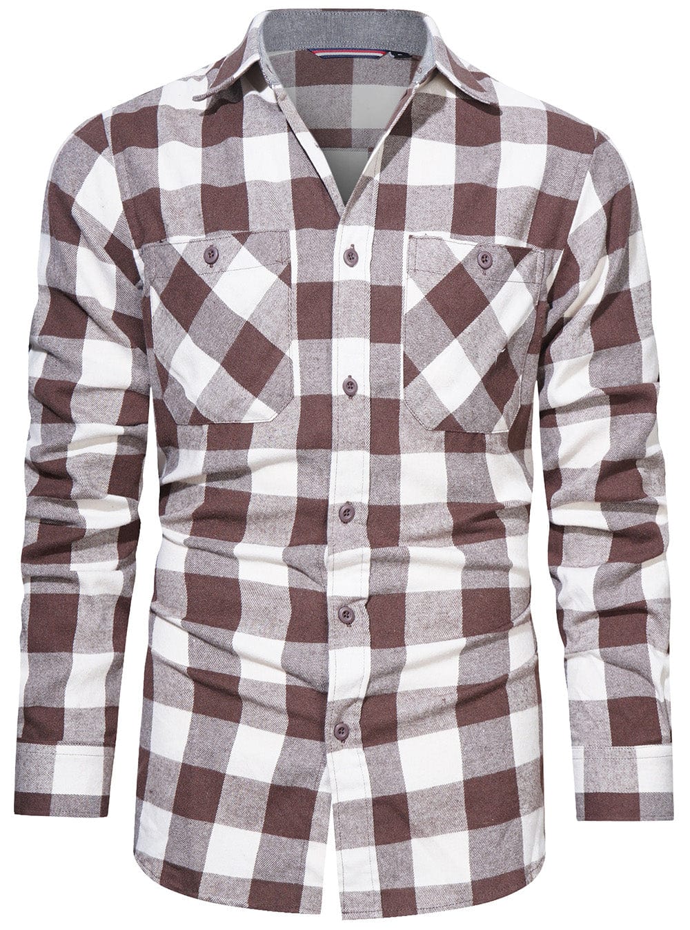 Men's casual long sleeve shirt, brown and cream plaid, comfortable and fashionable flannel