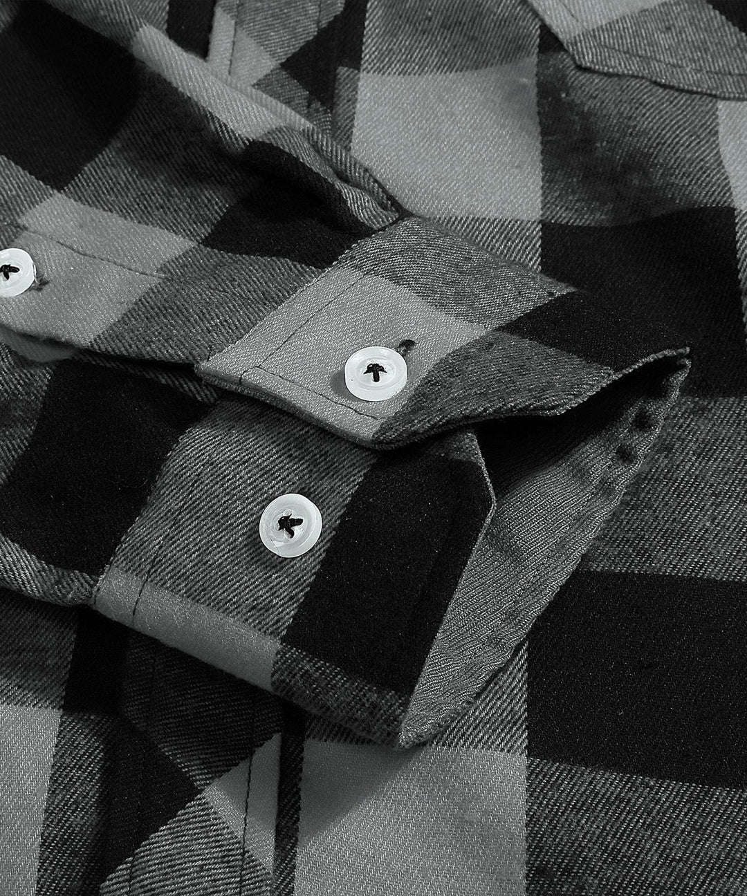 Men's apparel: Dark grey and red plaid flannel shirt, long sleeve, durable fabric