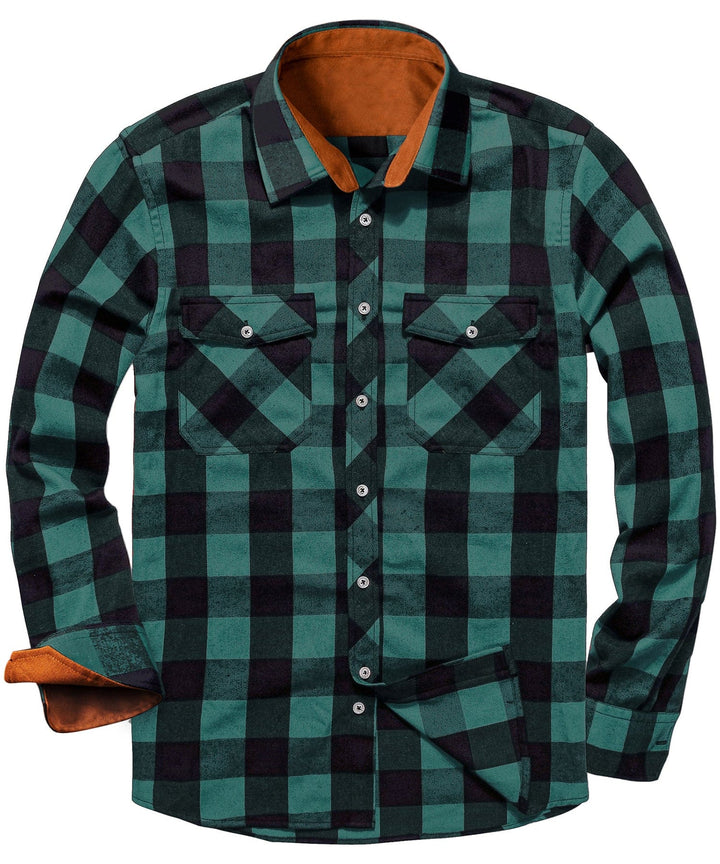 Stylish men's long sleeve flannel shirt with a classic brown and cream plaid design