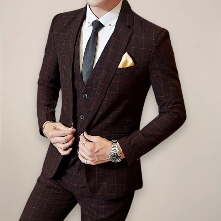 Stylish men's spring plaid suit, includes jacket, vest, and trousers, ideal for formal occasions.