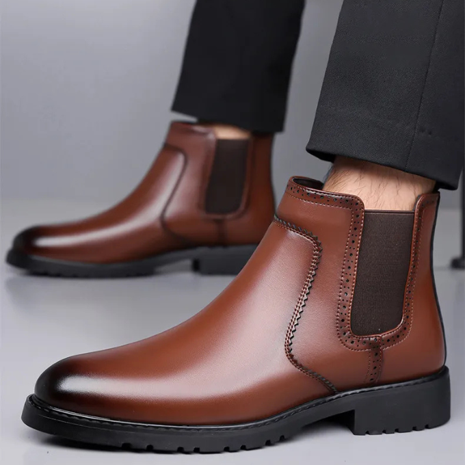 Stylish Men's slip-on Chelsea boots made with high-shine polished black leather, versatile footwear