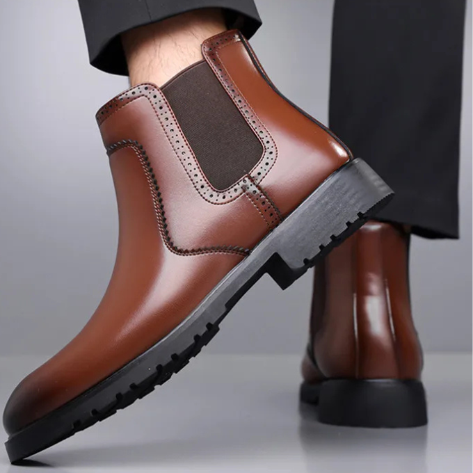 Close-up of the polished toe of Men's Classic Chelsea Boots, showing the premium leather texture