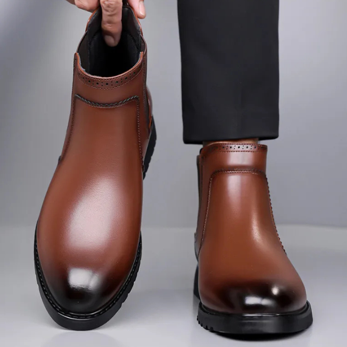 Men's dress boots: classic polished black Chelsea with a sturdy sole, perfect for sharp outfits