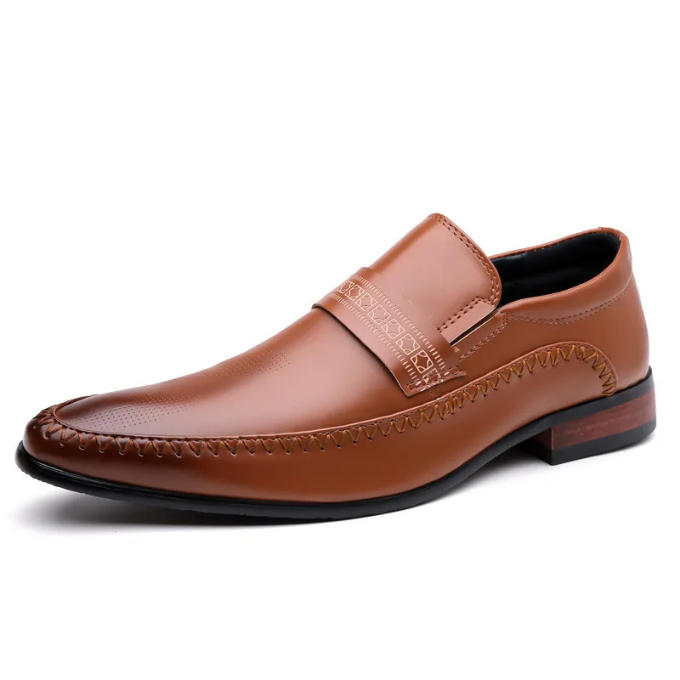 Polished leather dress shoes for men, versatile for both formal and business casual styling.
