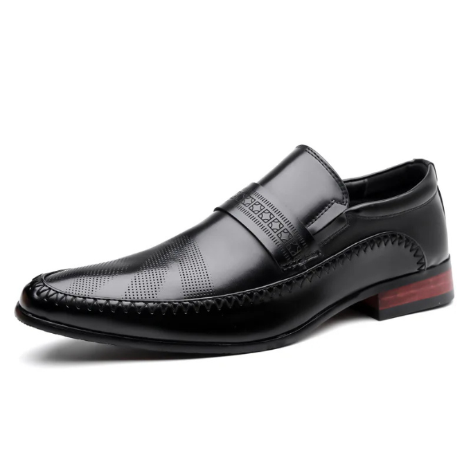 Front view of men's durable polished leather dress shoes, a staple in men's fashion.