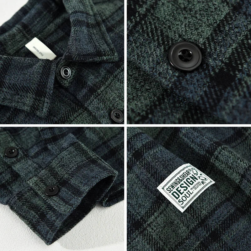 Full body shot of a man in a comfortable, warm men's cotton flannel shirt, featuring a timeless multi-colored check design