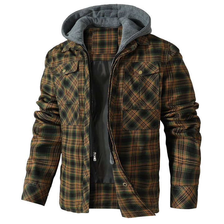 Men's classic red & black plaid flannel jacket with hood and quilted lining, perfect casual outerwear.
