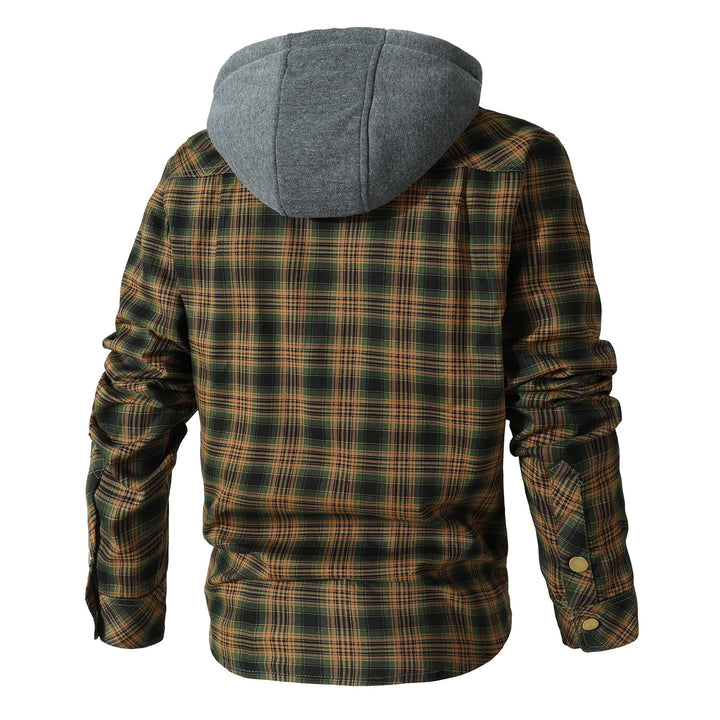Close-up of the robust snap buttons on a men's hooded flannel jacket, indicating durability & ease of use.