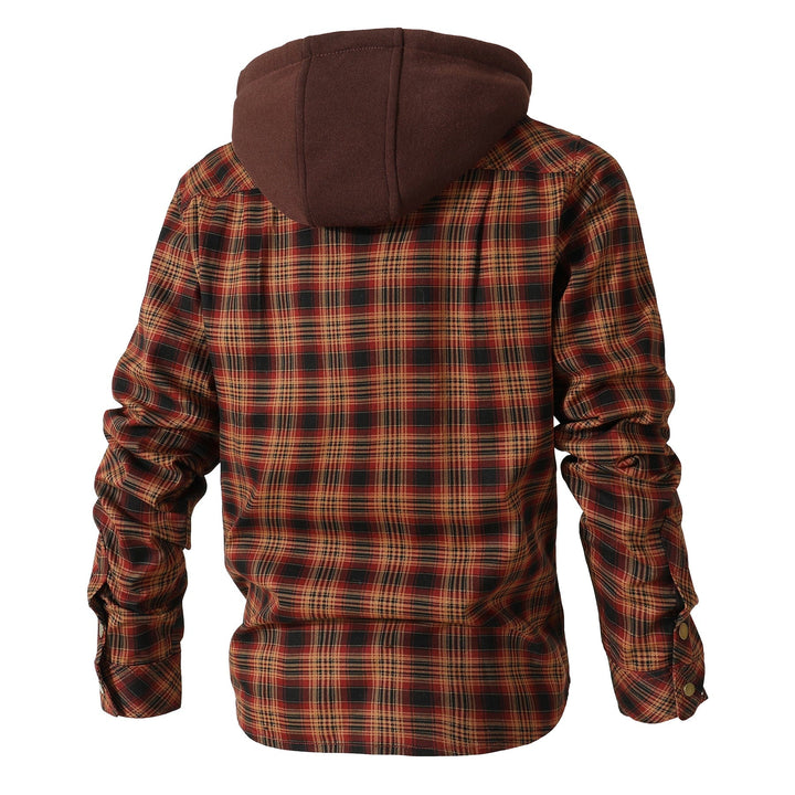 Flat lay of a men's hooded flannel jacket, displaying its full design, quilted lining, and snap buttons.