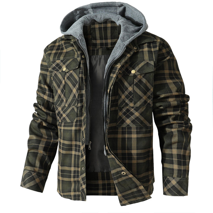 Front view of men's hooded flannel jacket, snap button closure, warm quilted lining for winter.