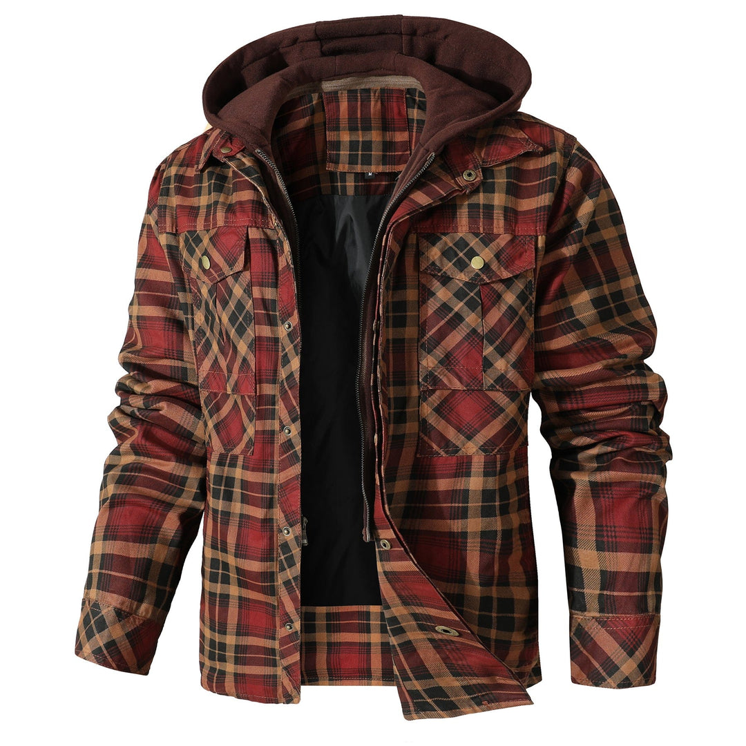 Close-up of the rich plaid pattern on a men's flannel jacket, showing quality fabric & quilted comfort.