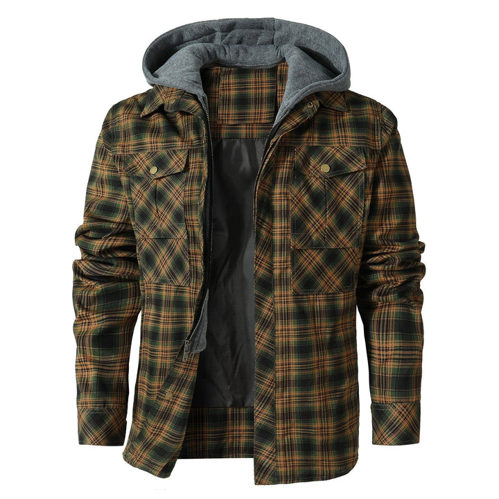 Back view of men's flannel jacket, highlighting the comfortable hood and durable construction for cold weather.