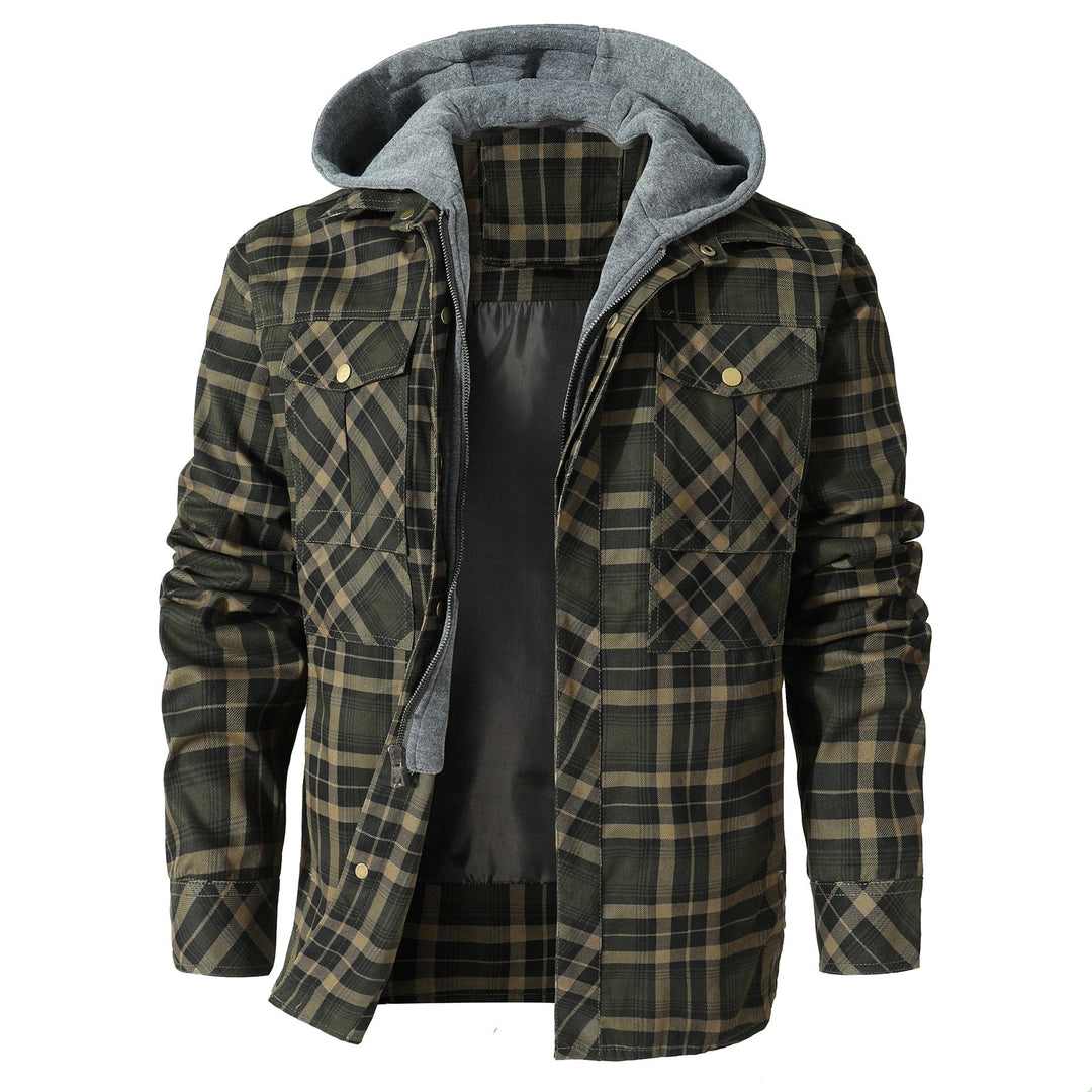 Detail of the warm, quilted lining inside a men's hooded flannel jacket, essential for winter warmth.