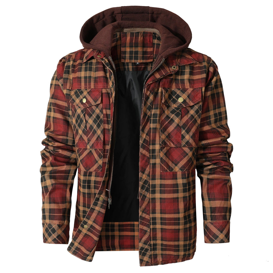 Men's hooded flannel jacket with open snap buttons, revealing the plush, insulated quilted lining.