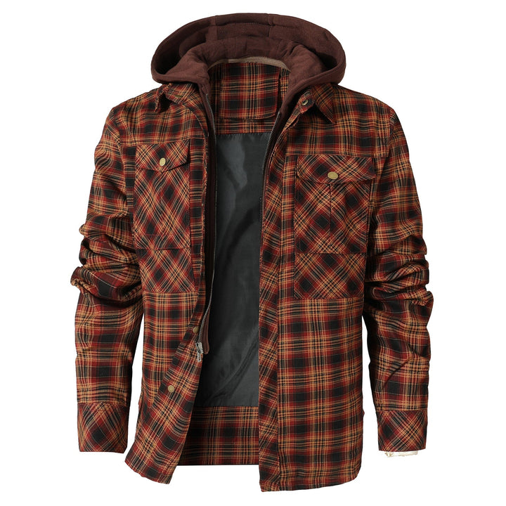 Model wearing a men's hooded flannel jacket, showcasing its relaxed fit and casual fall/winter style.