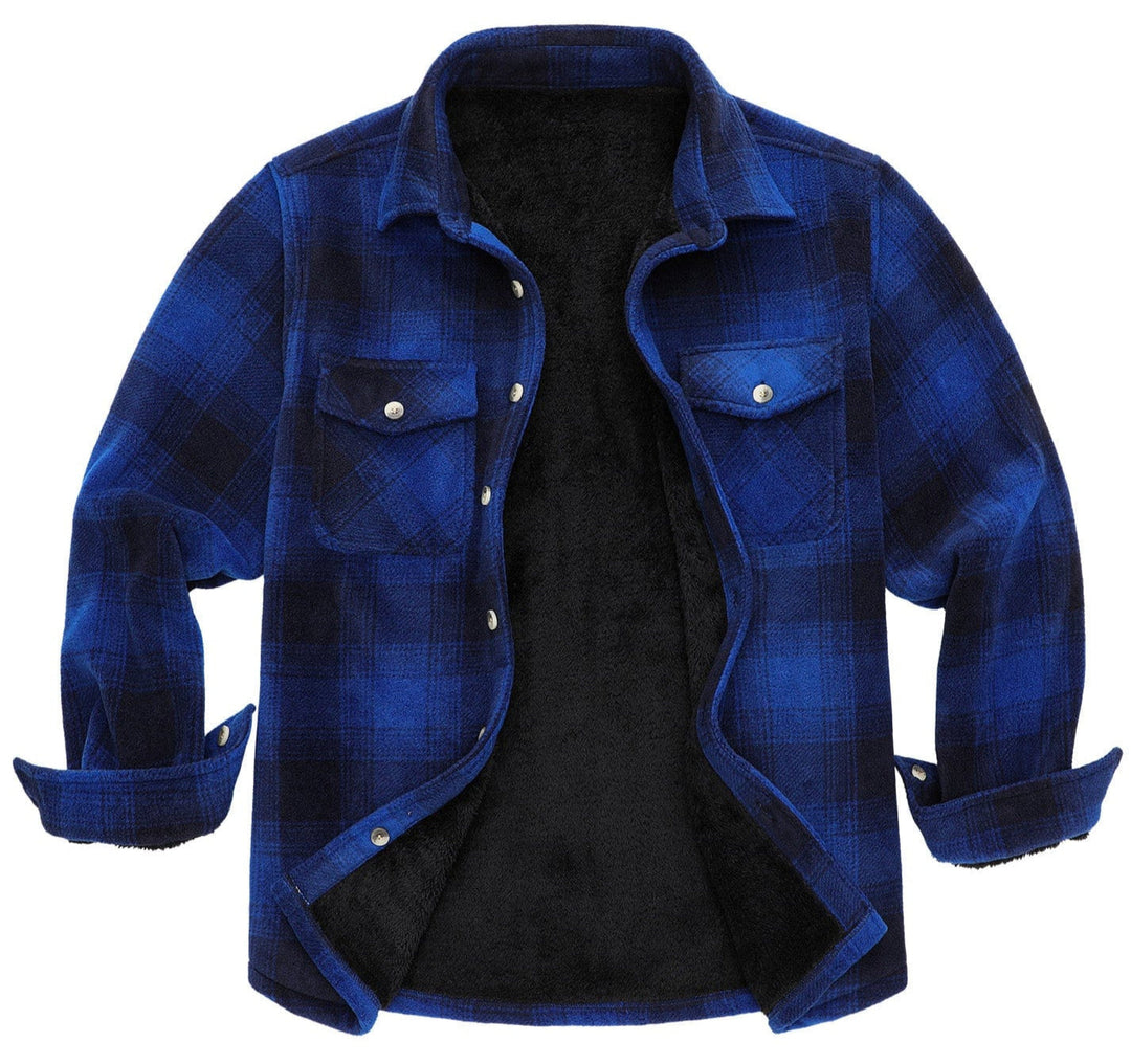 Durable men's flannel-lined shirt jacket in blue plaid, ideal for layering & outdoor activities. #mensapparel
