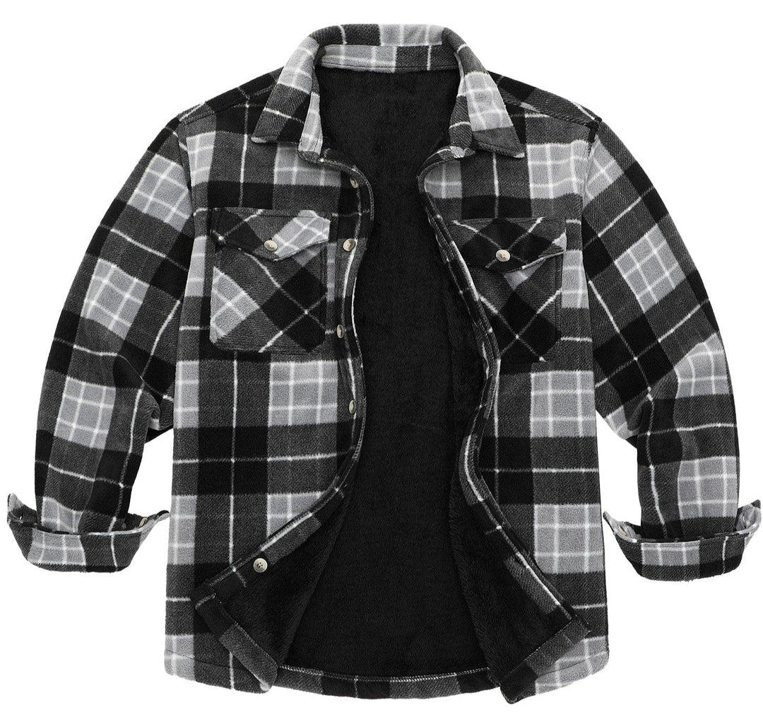 Close-up of a men's plaid shirt jacket, showcasing soft flannel lining & button-up front. #warmshirt