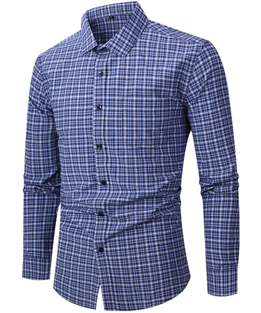Stylish men's blue & green plaid long-sleeve shirt, comfortable casual button-down