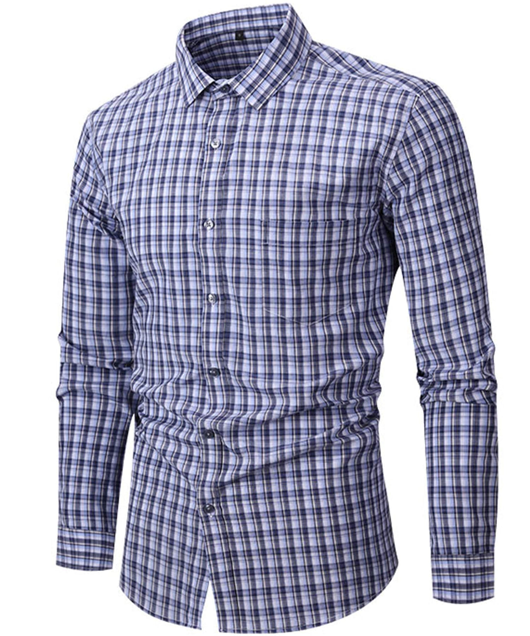 Men's maroon and navy plaid luxury long-sleeve cotton blend shirt with front pockets