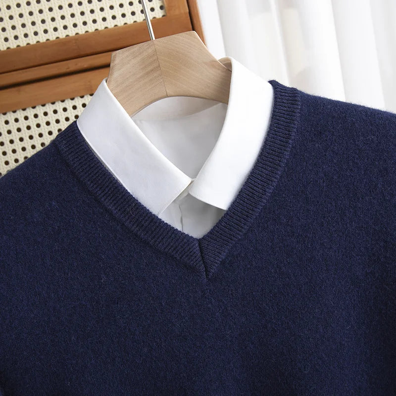 Blue merino wool V-neck sweater, a comfortable and breathable men's classic for casual winter style