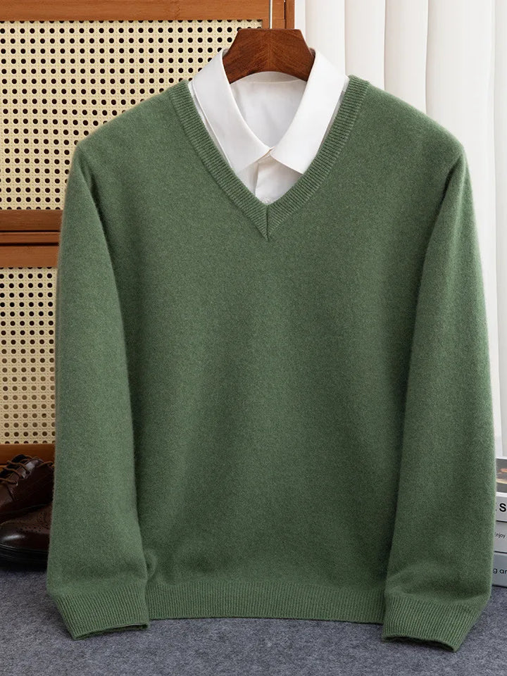 Man wearing a blue merino wool V-neck sweater, demonstrating comfortable and stylish winter casual wear