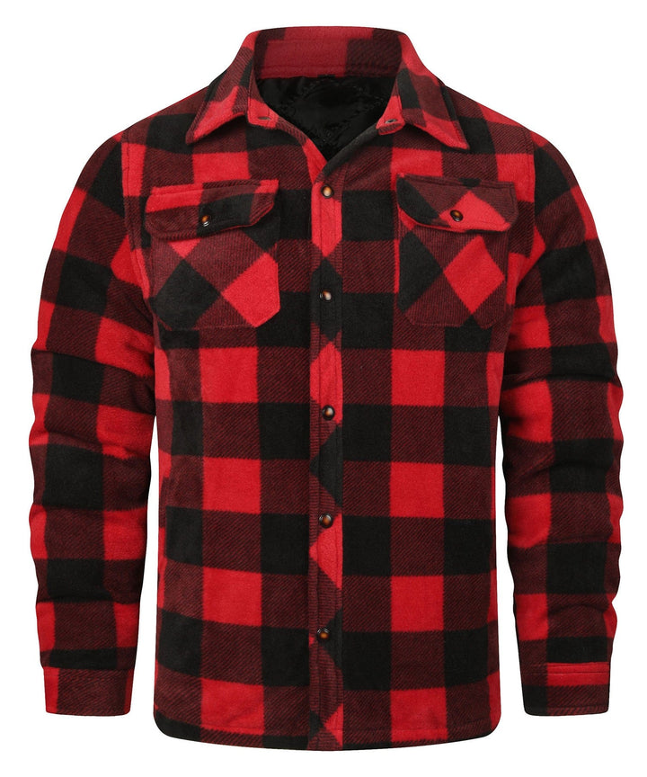 Casual men's long-sleeve red and black plaid flannel shirt, showcasing soft fabric and comfortable fit.