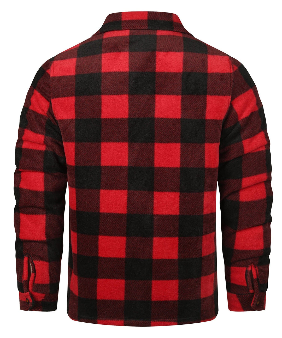 Close-up of a men's vintage-style red plaid flannel shirt, highlighting the woven pattern and button details.