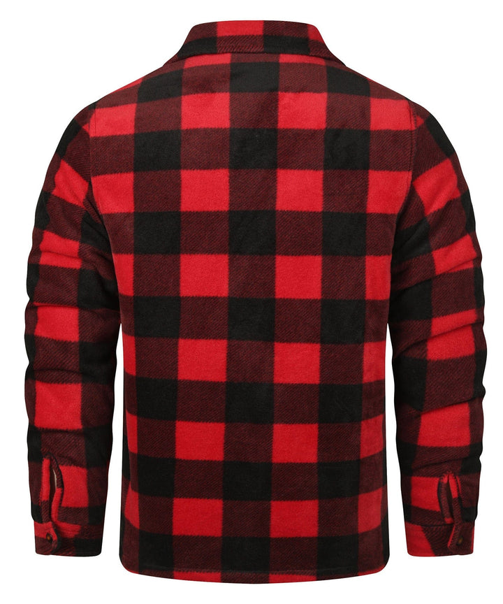 Close-up of a men's vintage-style red plaid flannel shirt, highlighting the woven pattern and button details.
