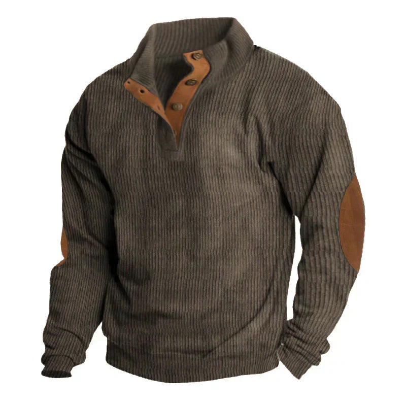 Close-up of a men's classic ribbed knit sweater texture, highlighting the knitwear detail.
