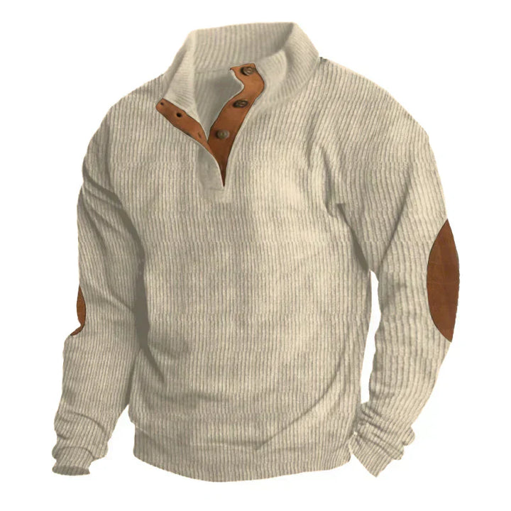 Full view of a men's polyester ribbed knit sweater, perfect for winter comfort.