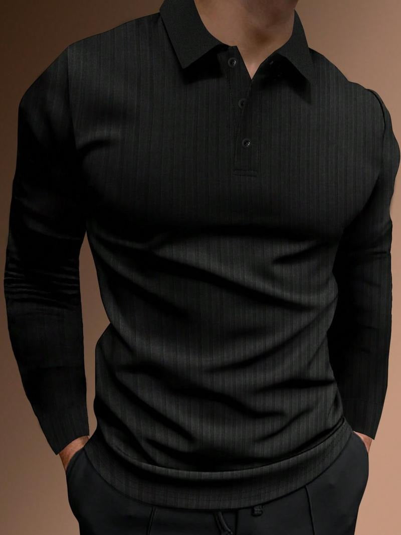 Men's classic ribbed long-sleeve polo shirt in black, ideal for casual wear and versatile fashion.