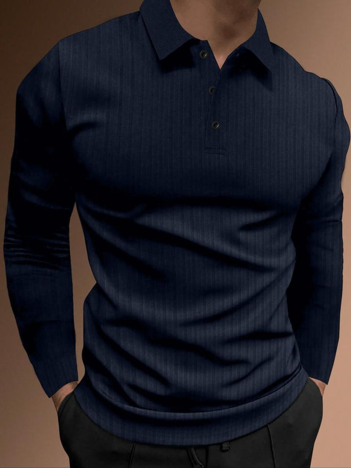 Stylish men's long-sleeve polo with ribbed texture, perfect for a sophisticated casual look.