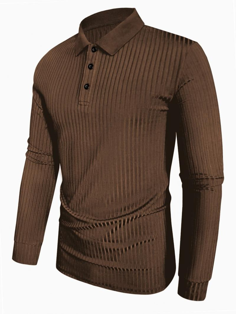 Detail of the collar and buttons on a men's versatile ribbed long-sleeve polo shirt.