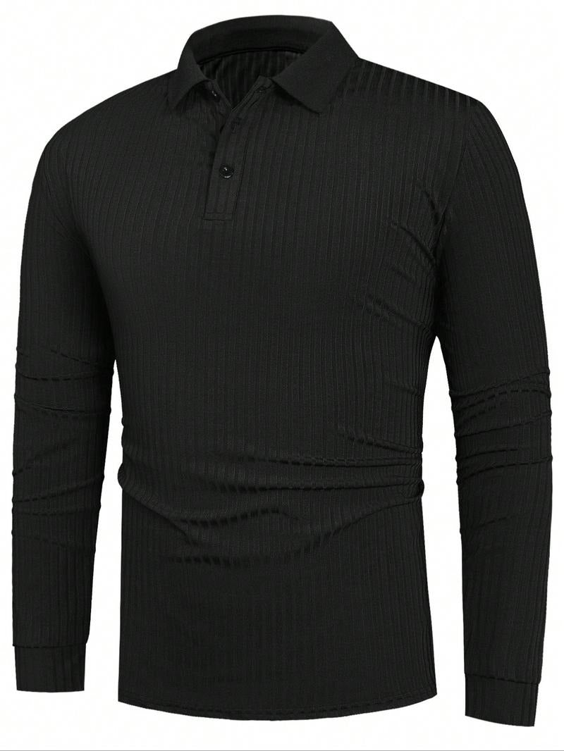 Folded men's ribbed long-sleeve polo, showcasing the design and making it ready for display.