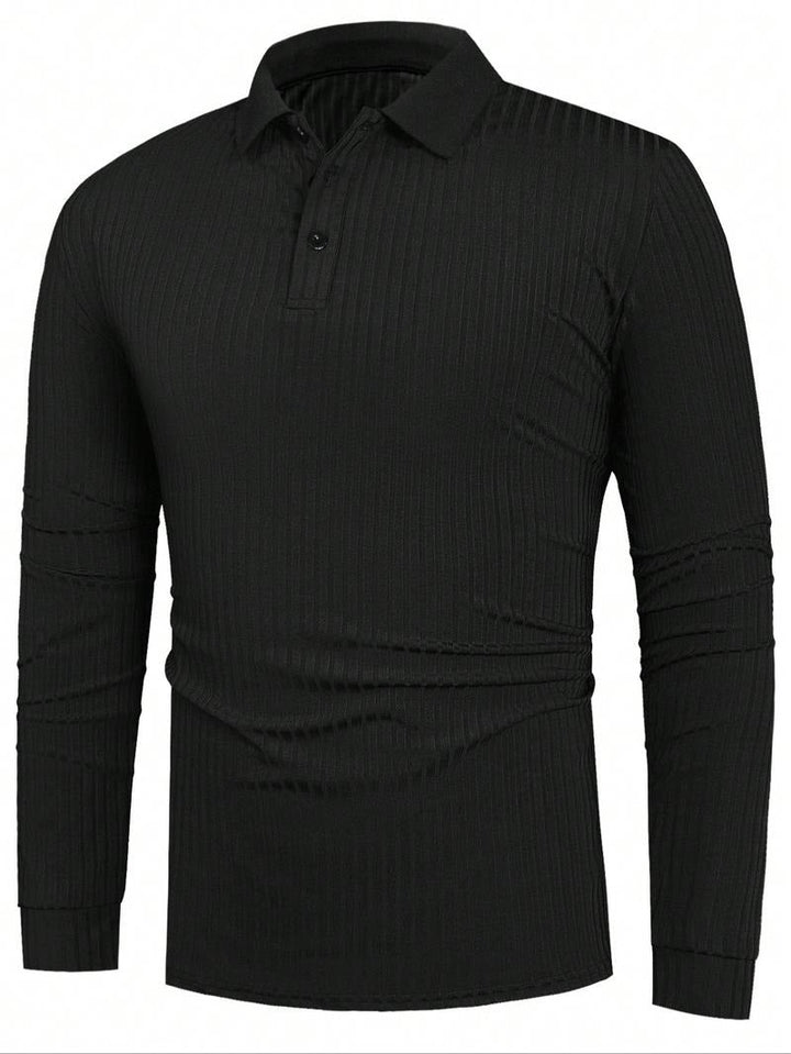 Folded men's ribbed long-sleeve polo, showcasing the design and making it ready for display.