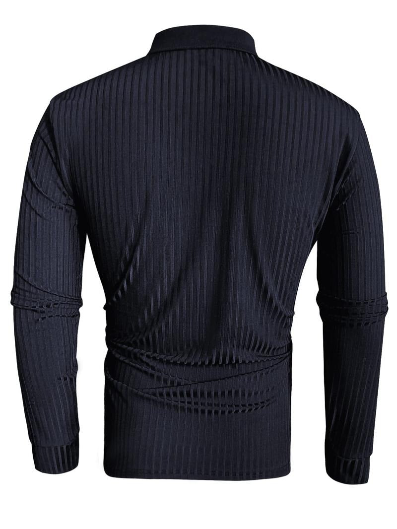 Side view of a men's white ribbed long-sleeve polo shirt, emphasizing its clean and timeless style.