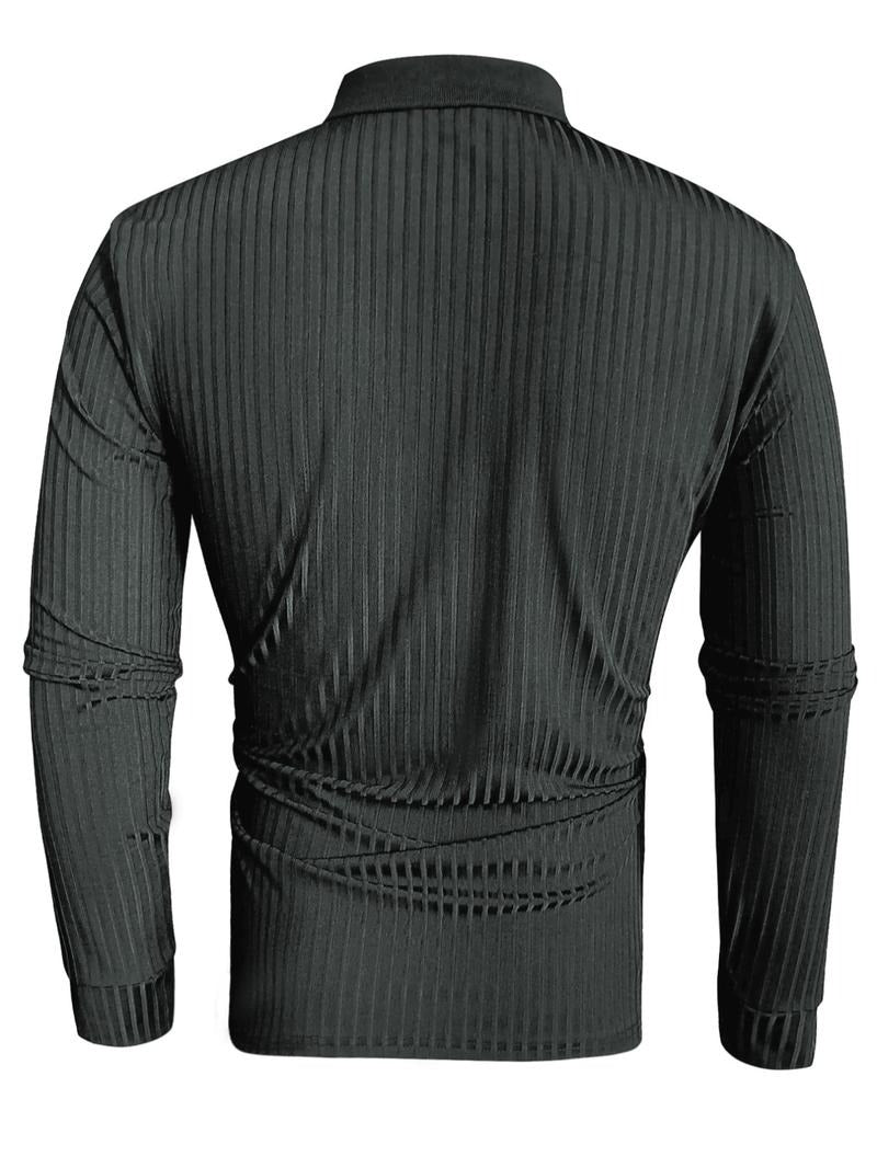Back view of a plain men's long-sleeve ribbed polo, highlighting the garment's fit and texture.