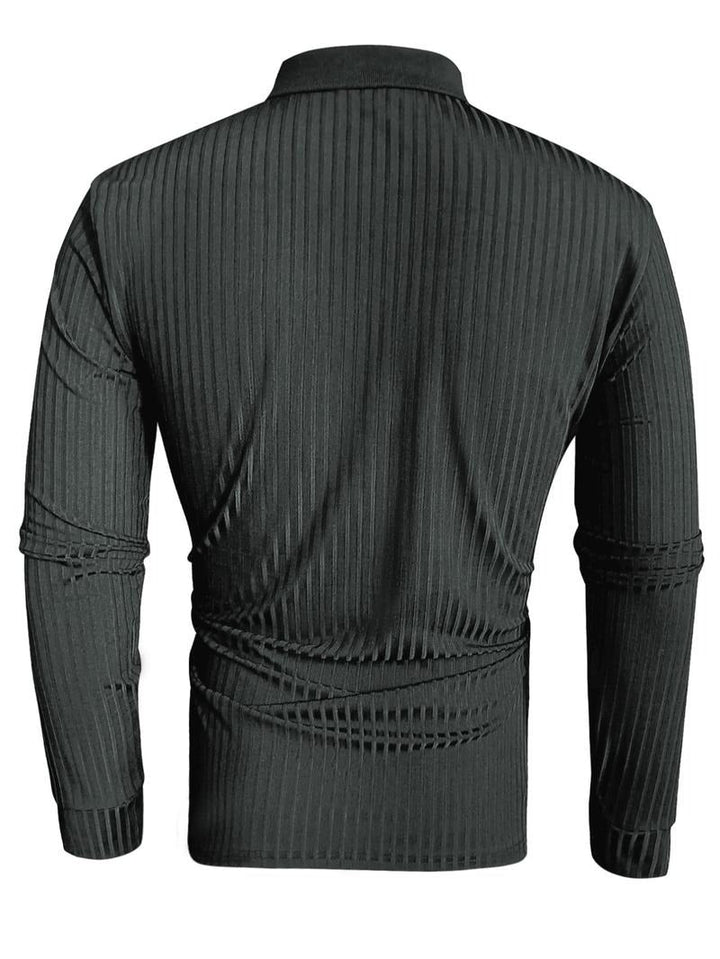 Back view of a plain men's long-sleeve ribbed polo, highlighting the garment's fit and texture.