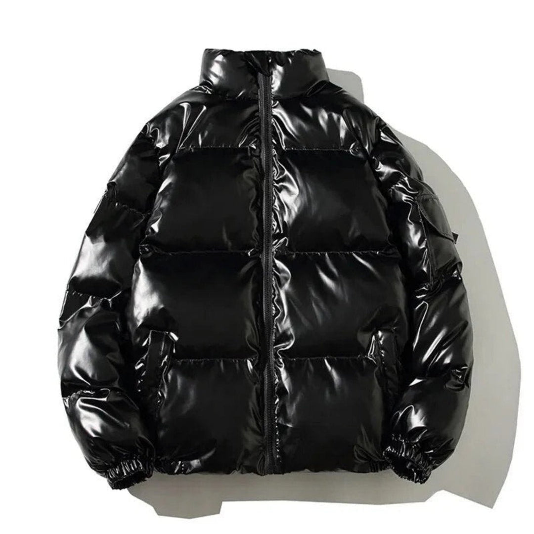Men's classic shiny puffer jacket, black, for winter, streetwear.