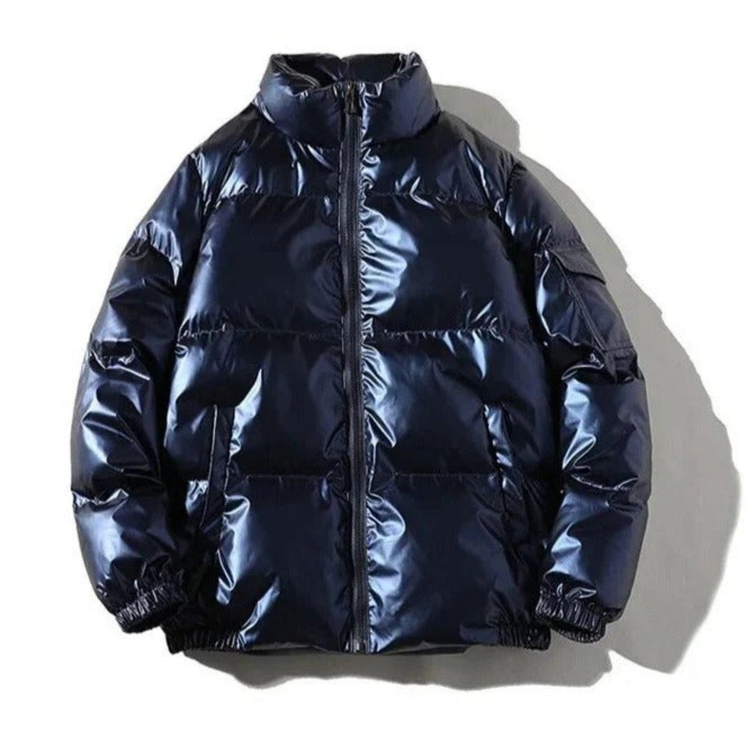 Shiny black puffer jacket for men, quilted design, warm winter outerwear.