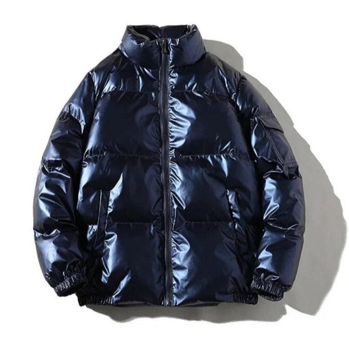 Shiny black puffer jacket for men, quilted design, warm winter outerwear.