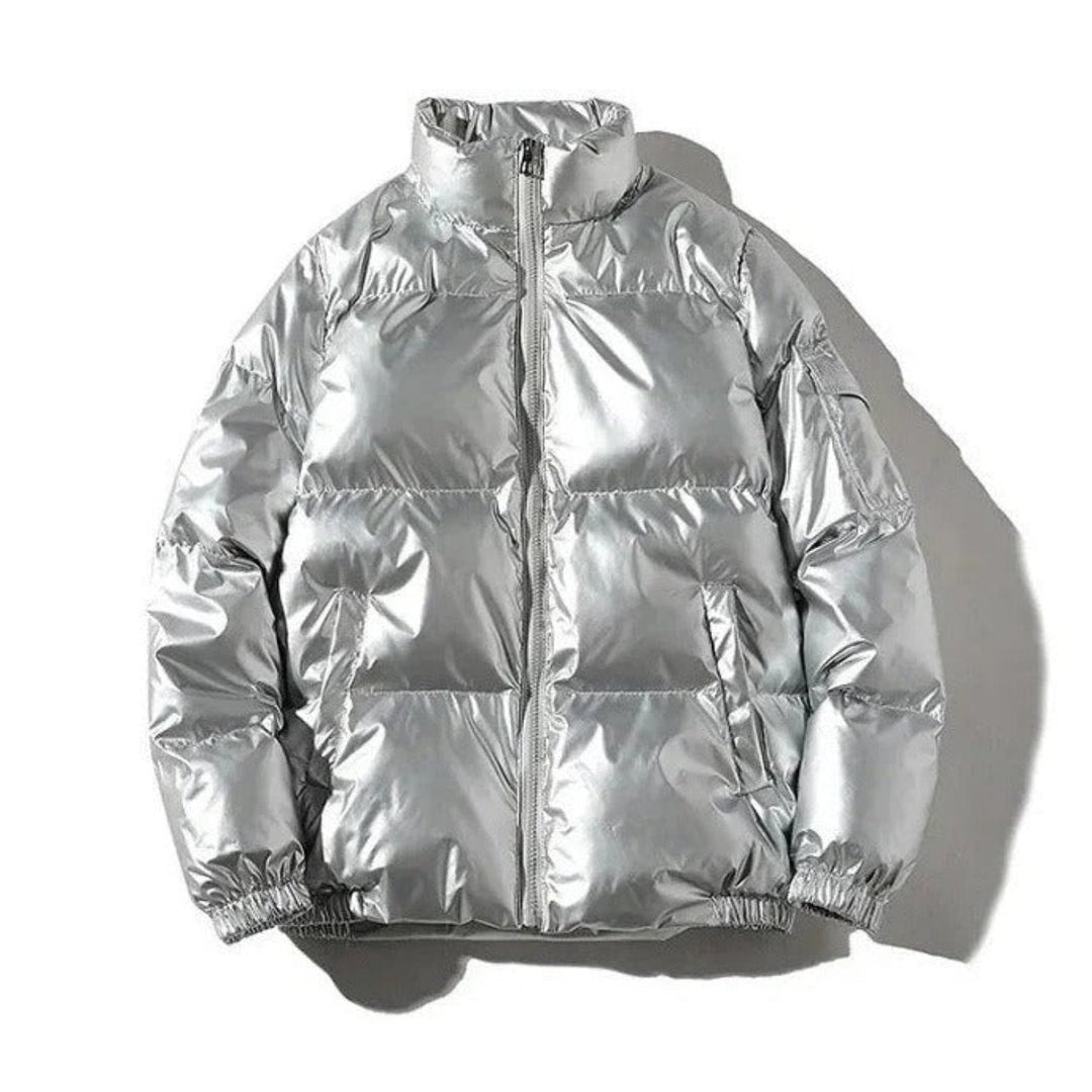 Close-up of men's shiny black puffer jacket material, quilted texture.