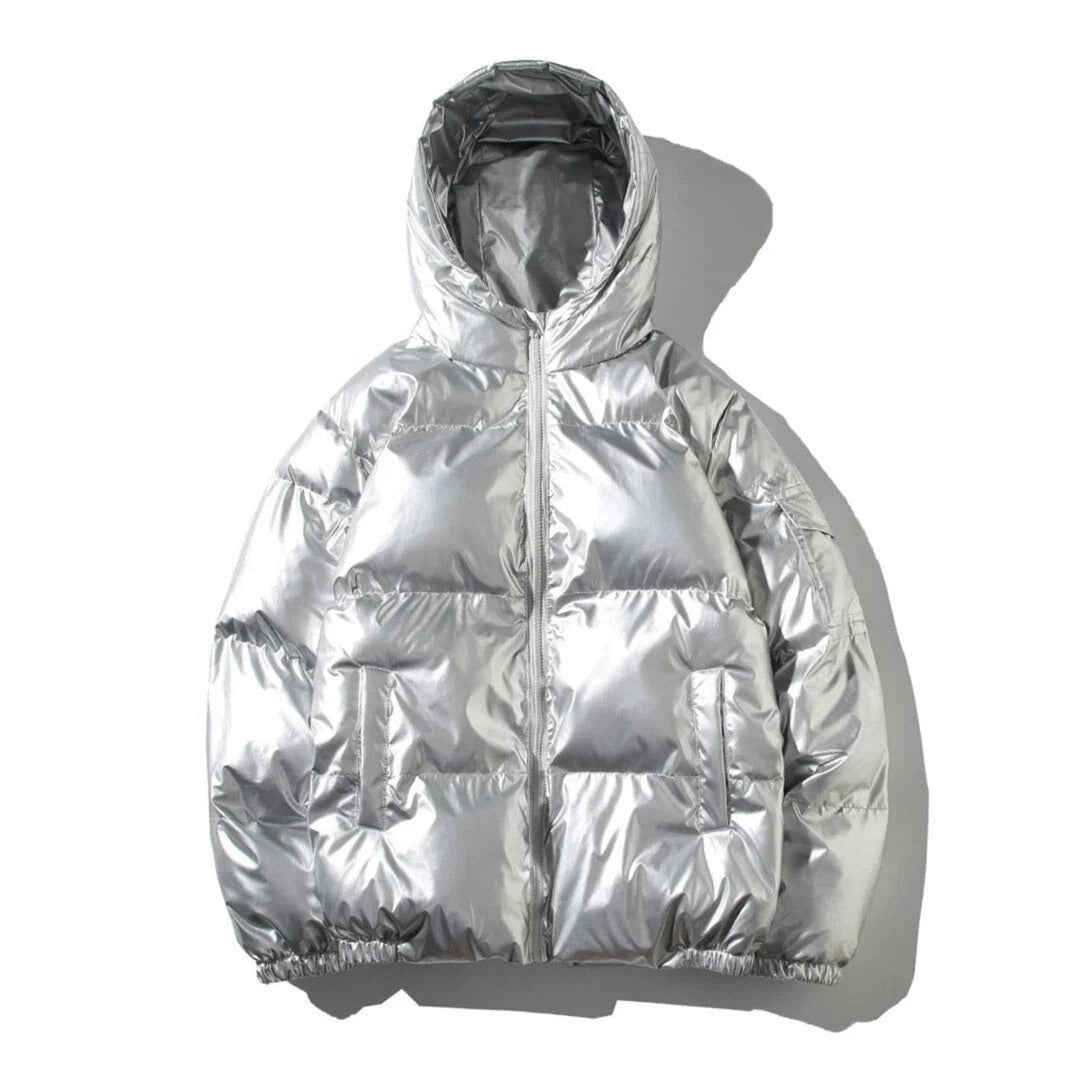 Man wearing classic shiny black puffer jacket, full length, urban background.