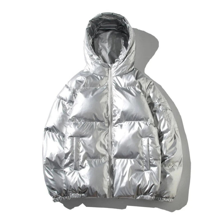 Man wearing classic shiny black puffer jacket, full length, urban background.