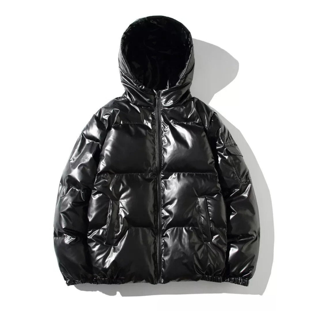 Side profile of men's black shiny puffer jacket, showcasing fit and quilted details.