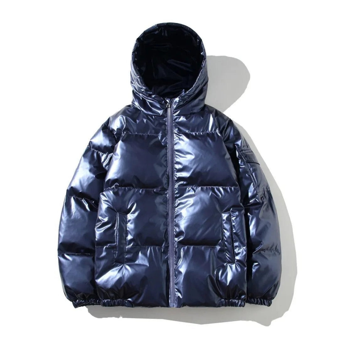 Men's outerwear: shiny black puffer jacket with zip closure, classic style.