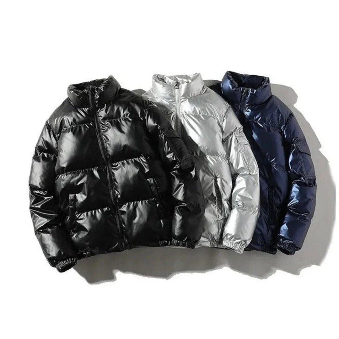 Detail of men's shiny black puffer jacket collar and hood, winter coat.