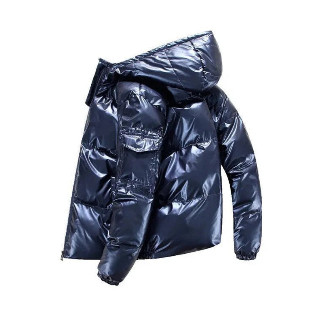 Stylish men's shiny black puffer jacket, a must-have for winter fashion and streetwear.